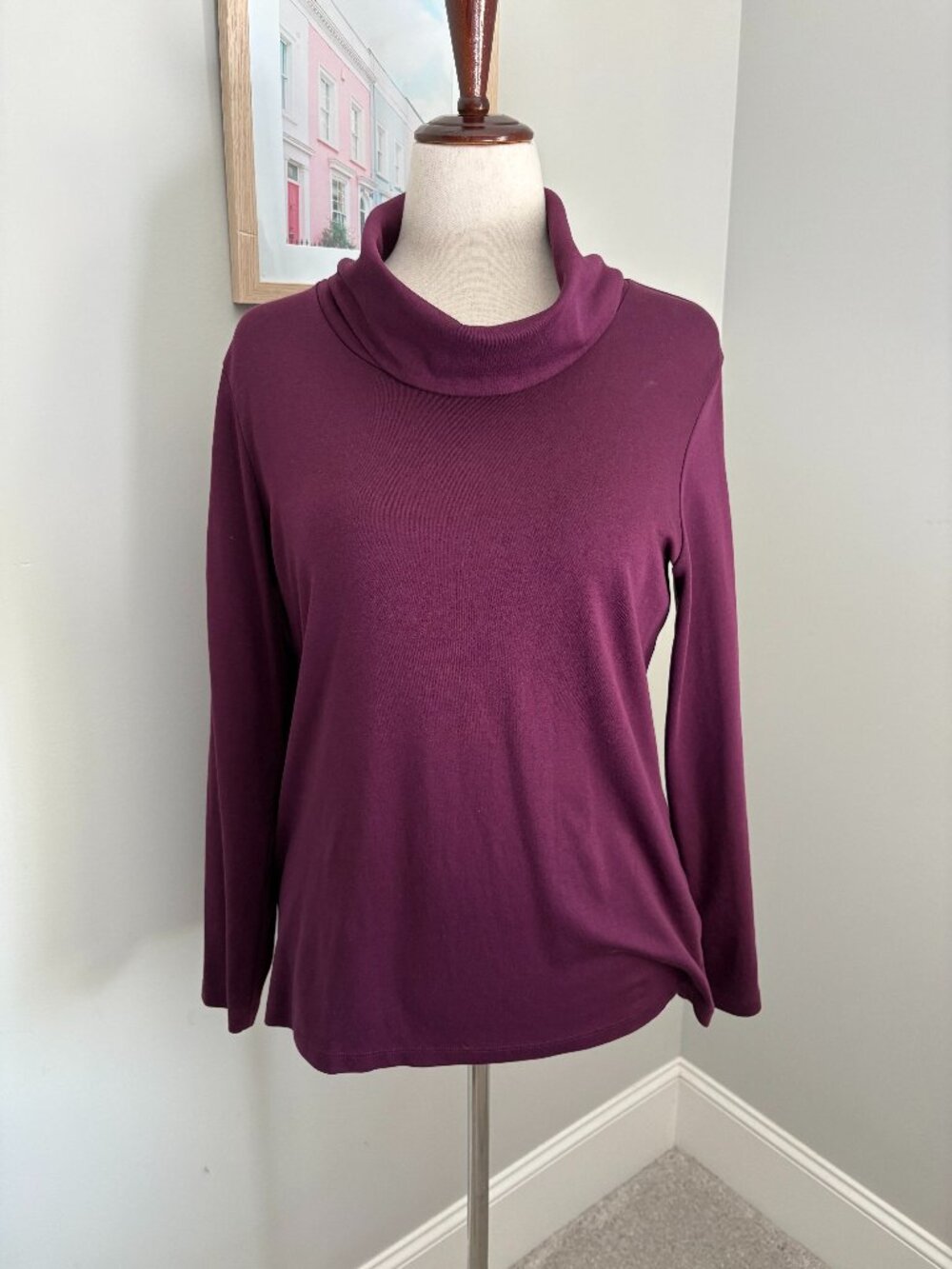 L.L. Bean Cream Cowl-Neck Long Sleeve Top Burgundy